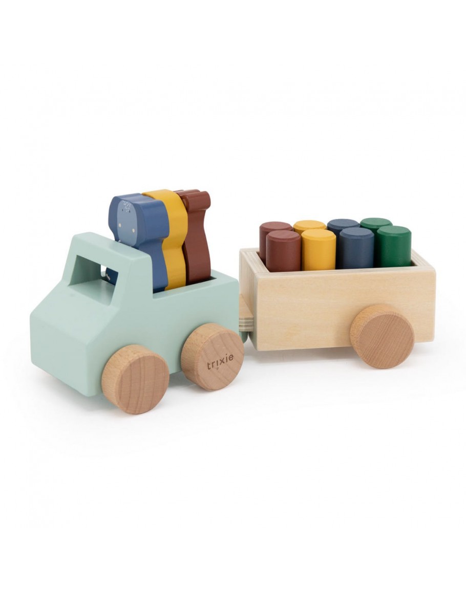 Bruidegom Vier Leer Trixie houten dieren auto met aanhangwagen - Grote Schatten Gent
